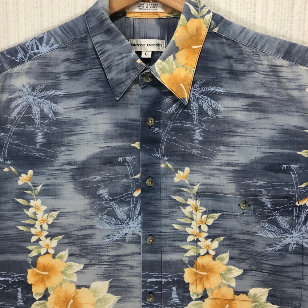 Pierre Cardin Hawaiian Shirt Size L Blue Tropical Palm Tree Floral Short Sleeve